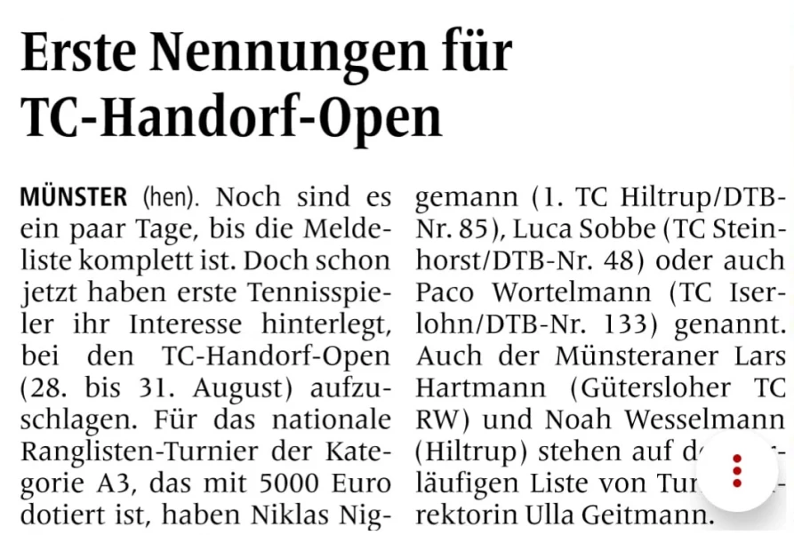 Meldeliste TC Handorf Open 2025 füllt sich Meldeliste TC Handorf Open 2025 füllt sich