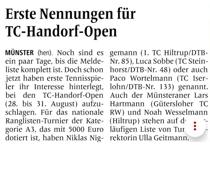 Meldeliste TC Handorf Open 2025 füllt sich